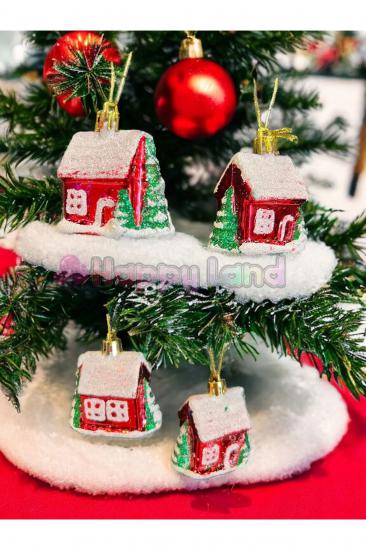 Happyland Yılbaşı Çam Ağacı Süsü 4 Adet Kırmızı Ev Şeklinde Süs 6Cm Yılbaşı Ağacı Süs Ev Yeni Yıl