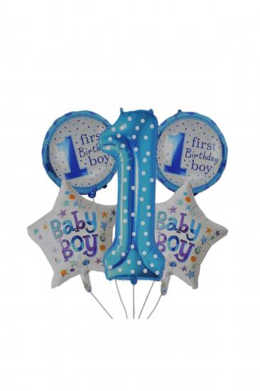 Baby Boy Mavi Desenli 1 Yaş Folyo Balon 5’Li Set