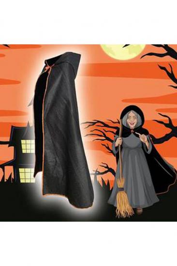 Happyland Halloween Yetişkin Kapşonlu Cadı Pelerini Kenarları Turuncu Şeritli 140 cm Siyah Renk