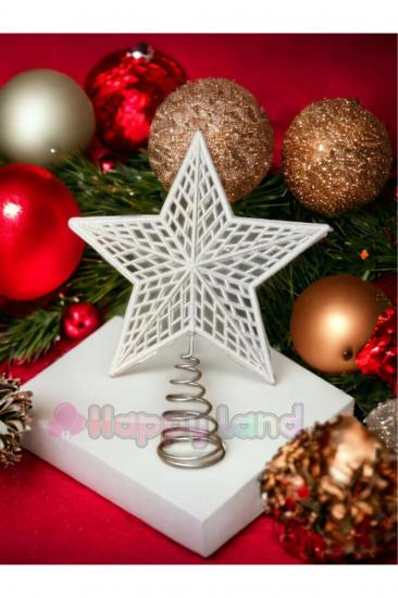 Happyland Yılbaşı Çam Ağacı Süsü Lüks Yılbaşı Ağacı Tepe Yıldızı 25 cm Ayaklı Beyaz Yeni Yıl Süsü