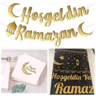 Happyland Hoşgeldin Ramazan Dekor Süsleri 3 parça ( kaligrafi yazı , masa örtüsü, Ramazan Peçetesi)