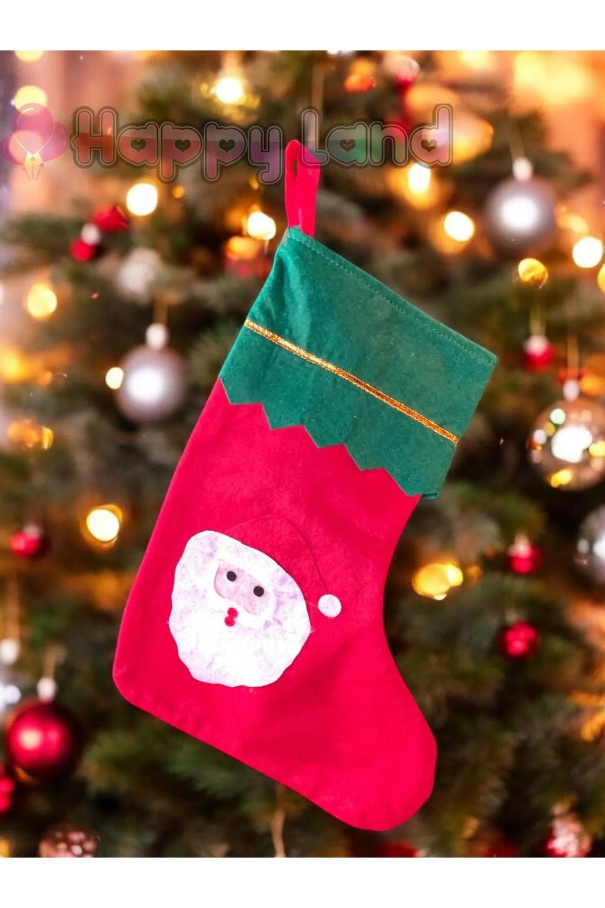 Happyland Noel Baba Yılbaşı Çorap 25x35 Cm Büyük Boy Kırmızı Yeni Yıl Çam Ağacı Asma Dekor Süs