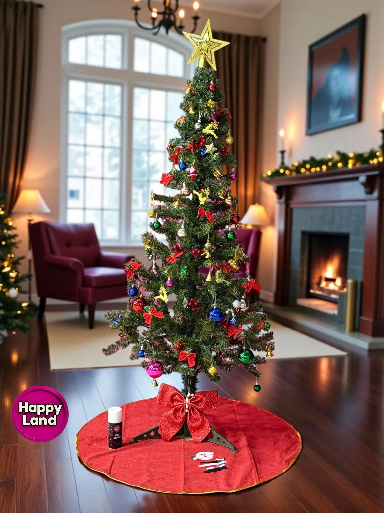 Happyland 150 cm Yılbaşı Çam Ağacı Seti 5 m Rgb Led Işıklı 88’li Yılbaşı Süsleri Paketi ,Kar Spreyi