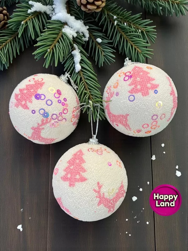 Happyland Yılbaşı Ağacı Süsü Beyaz PembeGeyik ve Ağaç Desenli 3 Adet 8cm Köpük Yılbaşı Topu HPY26055