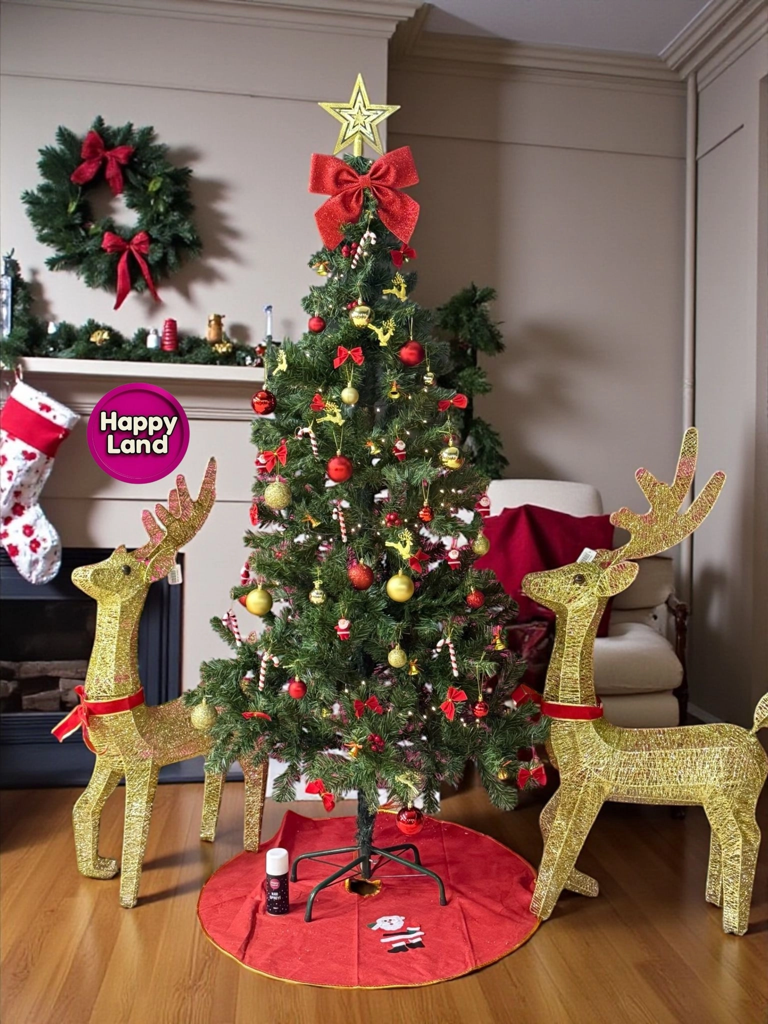 Happyland 180 Cm Yılbaşı Çam Ağacı Seti 5mSarı LedIşıklı 67’li Kırmızı Gold Yılbaşı Seti , KarSpreyi