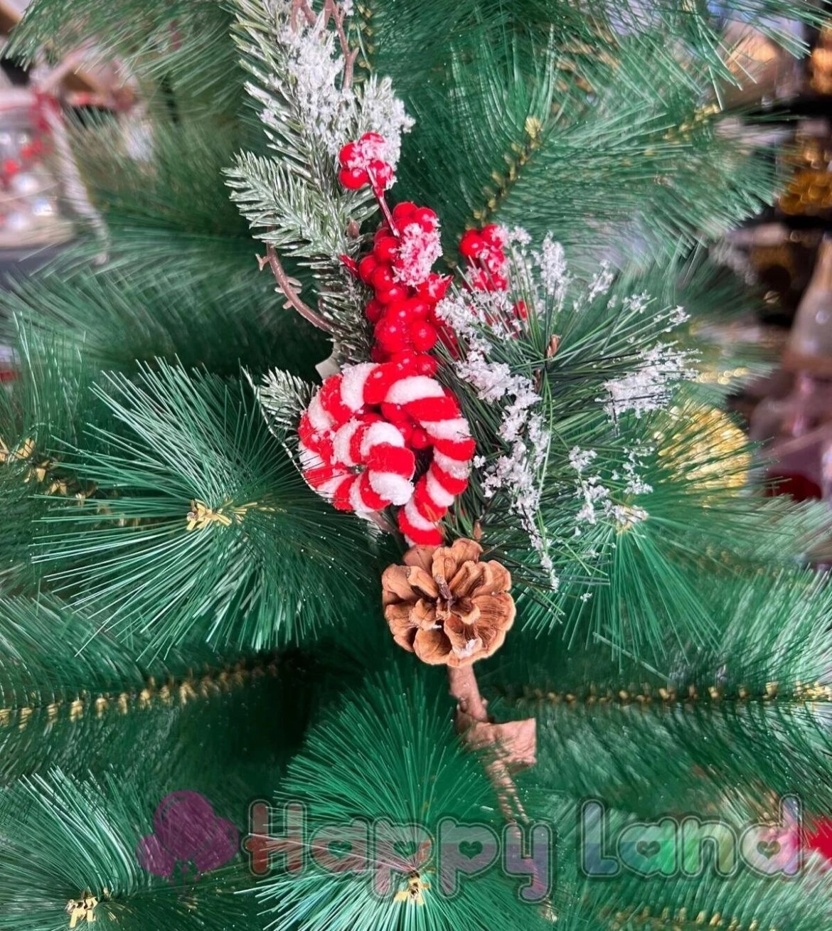 Happyland Yılbaşı Süsü 1 Adet Uzun Saplı 65 cm Karlı Baston Şekerli Kokina Berry Kiraz Dalı HPY26071