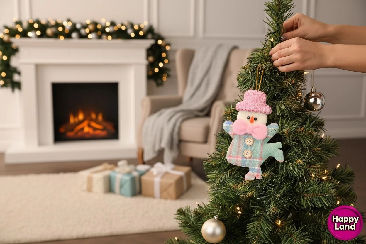 Happyland Yılbaşı Ağacı Süsü Kardanadam Düğmeli Makaron Yeşil Renk Asma Süs 15cm Noel Dekor HPY26045