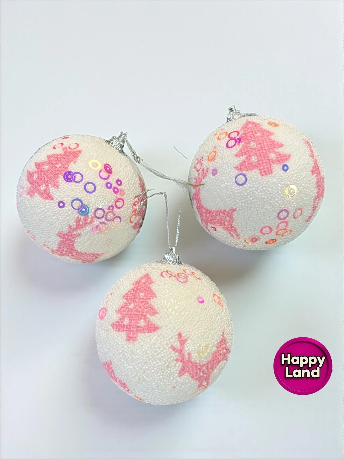 Happyland Yılbaşı Ağacı Süsü Beyaz PembeGeyik ve Ağaç Desenli 3 Adet 8cm Köpük Yılbaşı Topu HPY26055