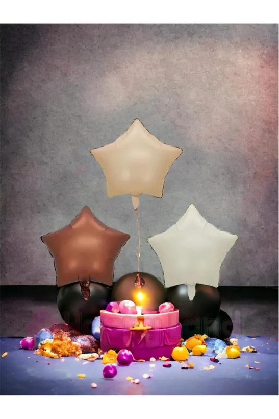 Happyland Retro Yıldız Balon Seti Bej, Krem Ve Karamel Kalp Balon Folyo 3 Adet