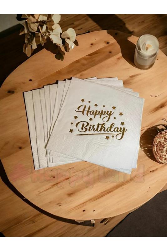 Happyland HAPPY BİRTHDAY Baskılı Yaldızlı Gold Varaklı Doğum Günü Peçetesi 16 Adet