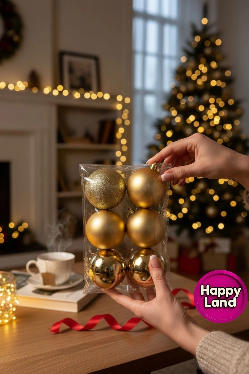 Happyland Yılbaşı Çam Ağacı Süsü 8 cm 6’LI Gold Renk Yılbaşı Topu Büyük Boy Yılbaşı Topu HPY128