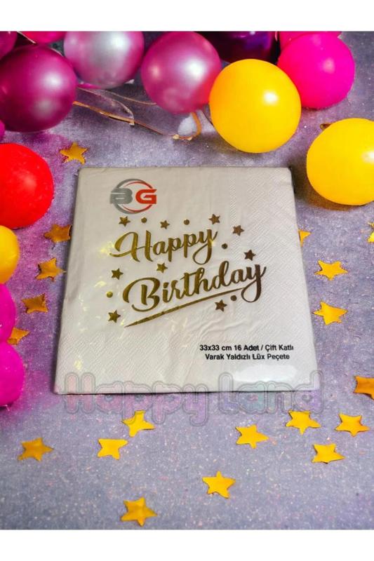 Happyland HAPPY BİRTHDAY Baskılı Yaldızlı Gold Varaklı Doğum Günü Peçetesi 16 Adet