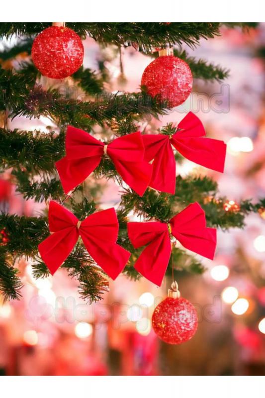 Happyland Kırmızı Yılbaşı Çam Ağaçı Fiyonk Kurdele 4 adet Yeni Yıl Noel Parti Dekorasyon Süsleri