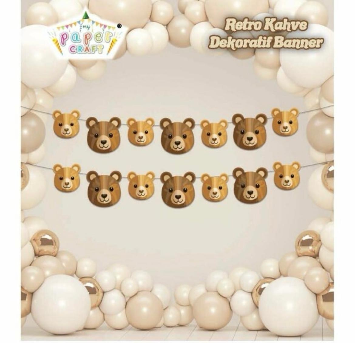 Happyland Ayıcık Karakterli Dekoratif Banner Duvar Süsü Retro Ayı Konsept Doğum Günü Parti Süsleri