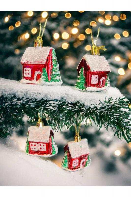 Happyland Yılbaşı Çam Ağacı Süsü 4 Adet Kırmızı Ev Şeklinde Süs 6Cm Yılbaşı Ağacı Süs Ev Yeni Yıl