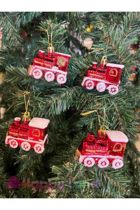 Happyland Yılbaşı Çam Ağacı Süsü 4 Adet Kırmızı Tren Süs 6 Cm Yılbaşı Ağacı Süs Tren Yeni Yıl Süs