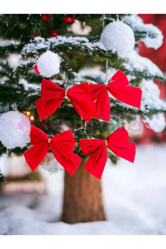 Happyland Kırmızı Yılbaşı Çam Ağaçı Fiyonk Kurdele 4 adet Yeni Yıl Noel Parti Dekorasyon Süsleri