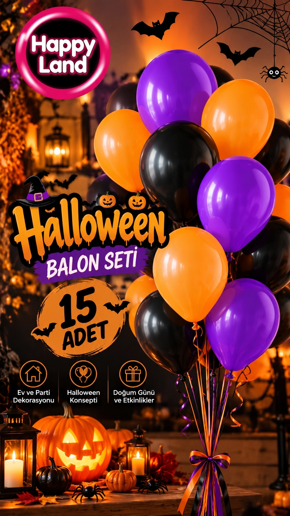 Happyland 15 Adet Halloween Cadılar Bayramı Mor, Siyah, Turuncu Parti Balonu, Halloween Parti Süsleri Balonları