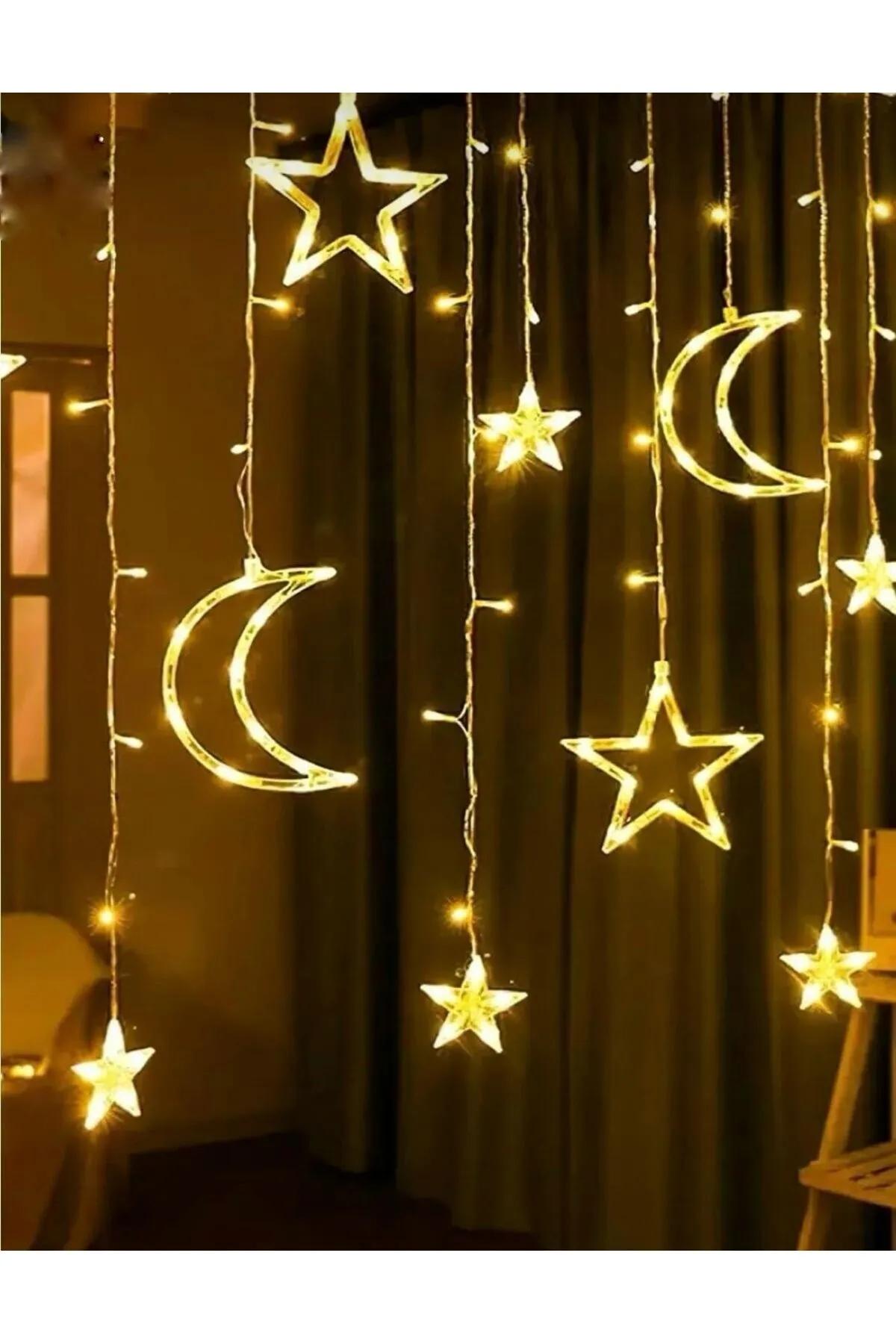 Happyland Ay Yıldız Perde Led 8 Mod Saçaklı Günışığı Perde Peri Işık 3.5 m Dekoratif Lamba Led Işık