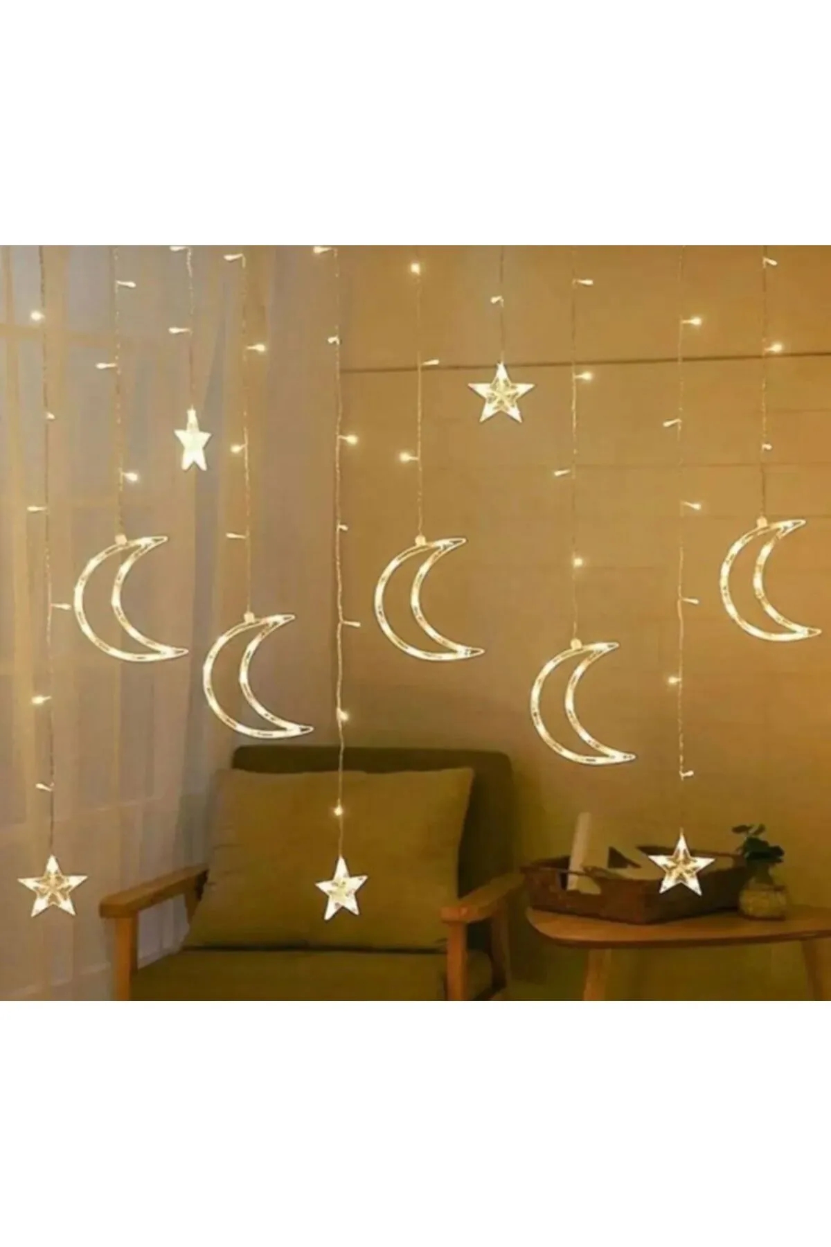 Happyland Ay Yıldız Perde Led 8 Mod Saçaklı Günışığı Perde Peri Işık 3.5 m Dekoratif Lamba Led Işık