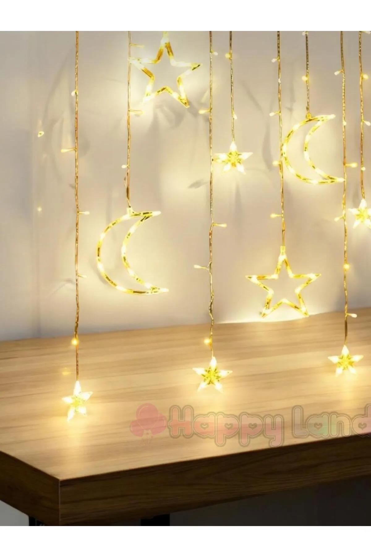 Happyland Ay Yıldız Perde Led 8 Mod Saçaklı Günışığı Perde Peri Işık 3.5 m Dekoratif Lamba Led Işık