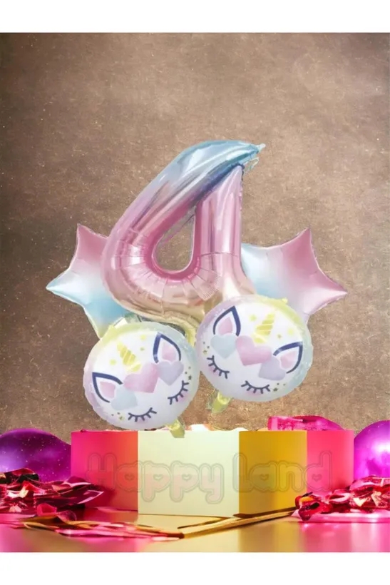 Happyland Unicorn 4 Yaş Rakam Balon Seti Unicorn Konsept Doğum Günü Balon Seti