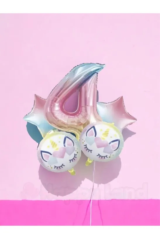 Happyland Unicorn 4 Yaş Rakam Balon Seti Unicorn Konsept Doğum Günü Balon Seti