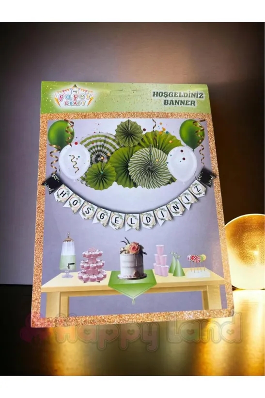 Happyland Hoşgeldiniz Zigzag Banner Yazı Süs Hoşgeldiniz Yazısı Gold Yeşil Desenli