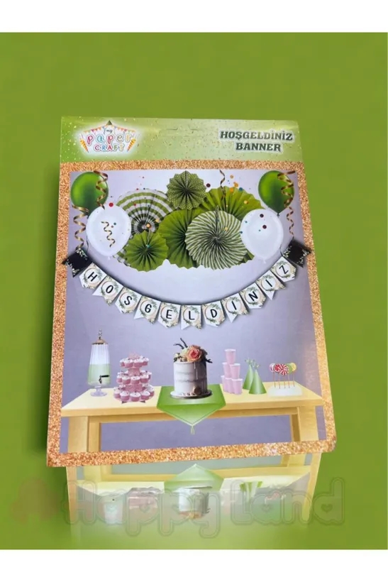 Happyland Hoşgeldiniz Zigzag Banner Yazı Süs Hoşgeldiniz Yazısı Gold Yeşil Desenli