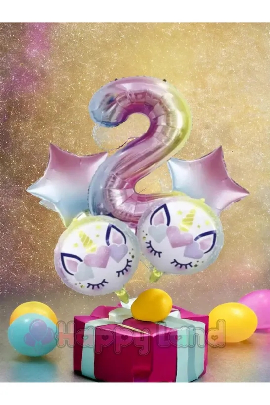 Happyland Unicorn 2 Yaş Rakam Balon Seti Unicorn Konsept Doğum Günü Balon Seti