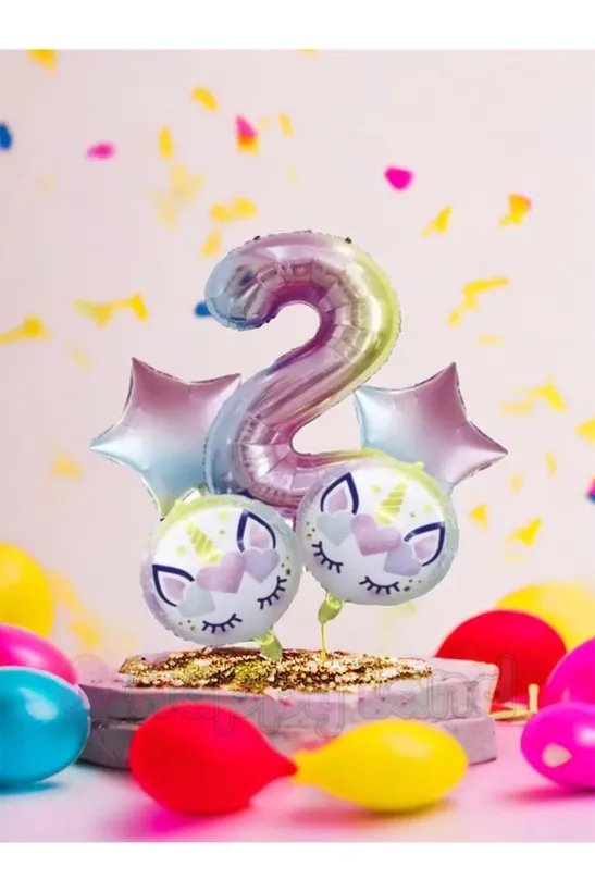 Happyland Unicorn 2 Yaş Rakam Balon Seti Unicorn Konsept Doğum Günü Balon Seti
