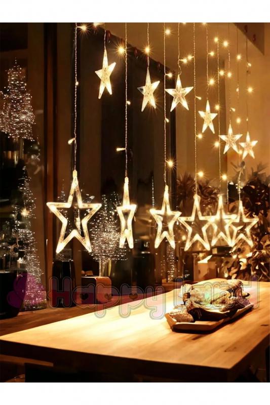 Happyland Dekoratif Led Işıklı Yıldız Perde Led Animasyonlu Yıldızlı Perde LedFişli 3Mt Günışığı 