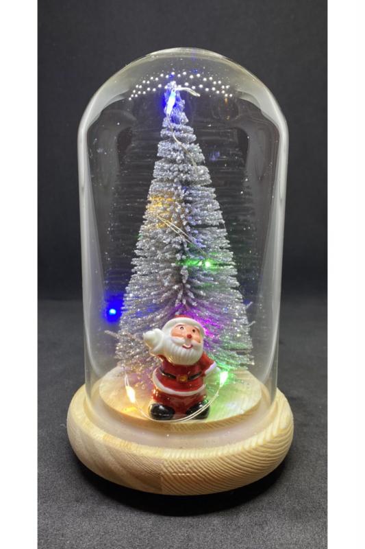 Ahşap Taban Cam Fanus Noel Babalı Işıklı Dekoratif Yılbaşı Ağacı