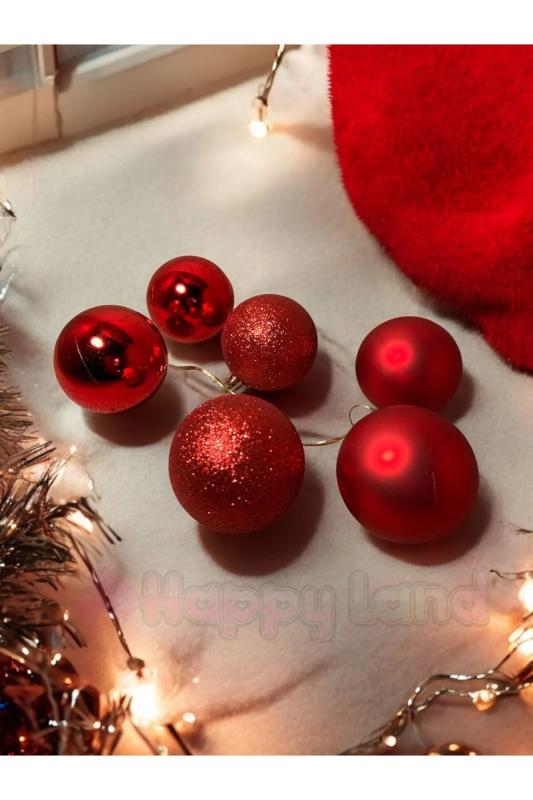 Yılbaşı Çam Ağacı Süsü 6 Cm 6 Adet Kırmızı Yılbaşı Topu Kırmızı Yılbaşı Topları