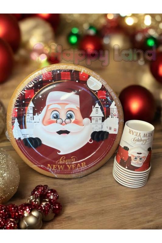 Yılbaşı Noel Baba Desenli Tabak Bardak Yılbaşı Temalı Tabak Bardak Seti