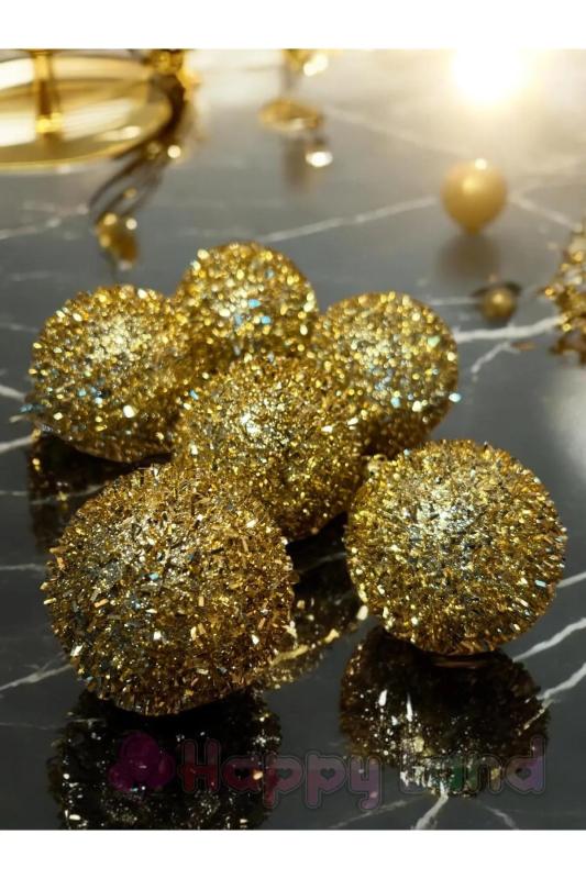 Yılbaşı Ağacı Çam Ağacı Süsü Gold Parıltılı Model 6 Adet Yılbaşı Topu 6 Cm Cici Top HPY26039