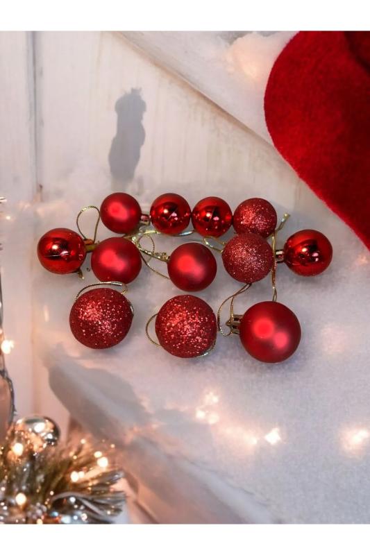 Yılbaşı Çam Ağacı Süsü 3 Cm 12 Adet Mini  Kırmızı Yılbaşı Topu Kırmızı Yılbaşı Topları