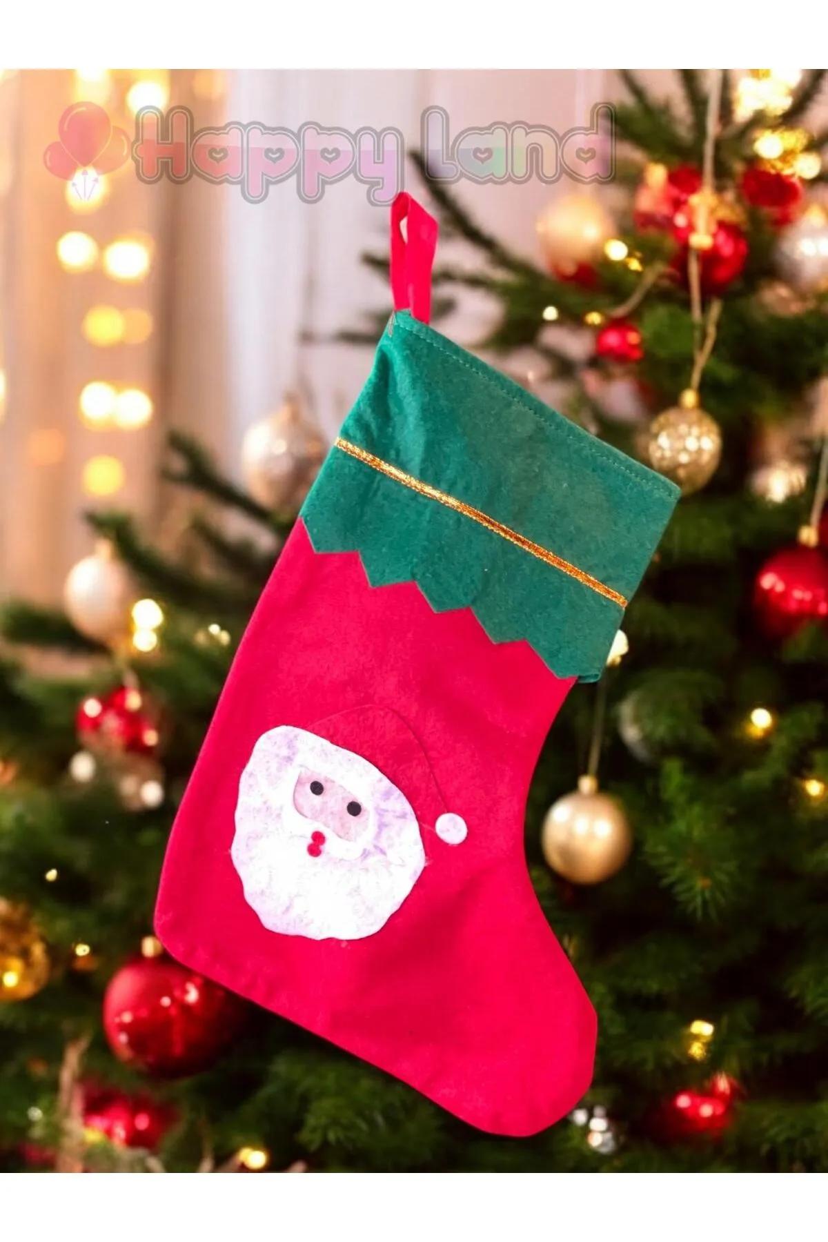 Happyland Noel Baba Yılbaşı Çorap 25x35 Cm Büyük Boy Kırmızı Yeni Yıl Çam Ağacı Asma Dekor Süs