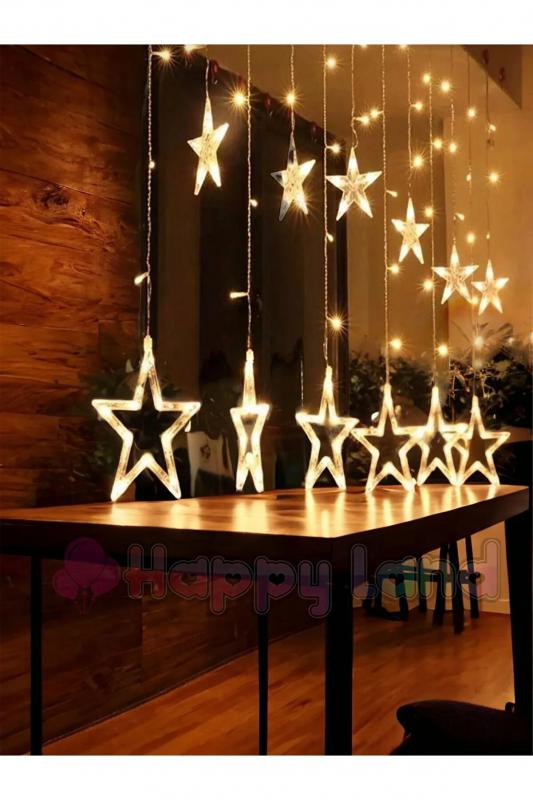 Happyland Dekoratif Led Işıklı Yıldız Perde Led Animasyonlu Yıldızlı Perde LedFişli 3Mt Günışığı 