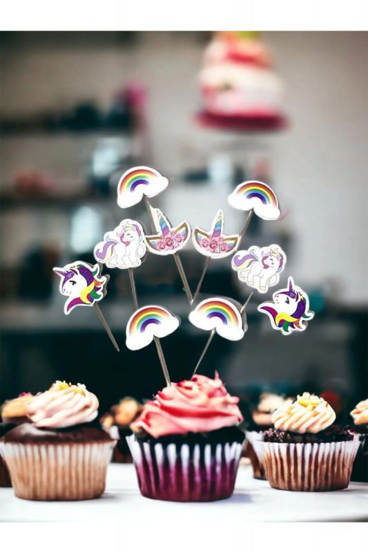 Happyland Unicorn Kürdanlı Cupcake Süsü Unicorn Kürdan Doğum Günü Süsü 20 Adet