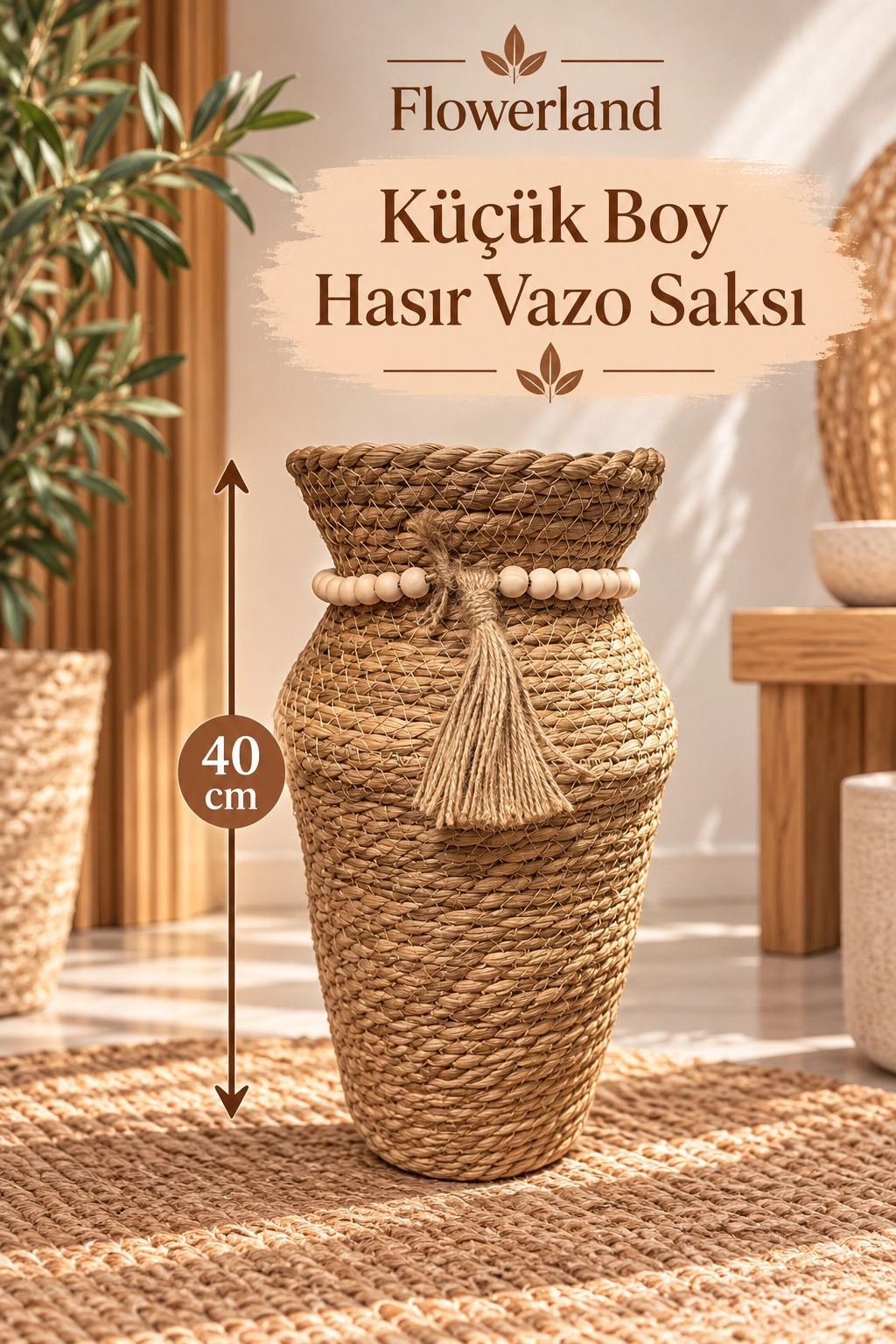  Hasır Örgü Dekoratif Saksı 1 Adet Küçük Boy Vazo Saksı 40 cm BM39 Bohem Boncuk ve Püskül Detaylı Doğal 