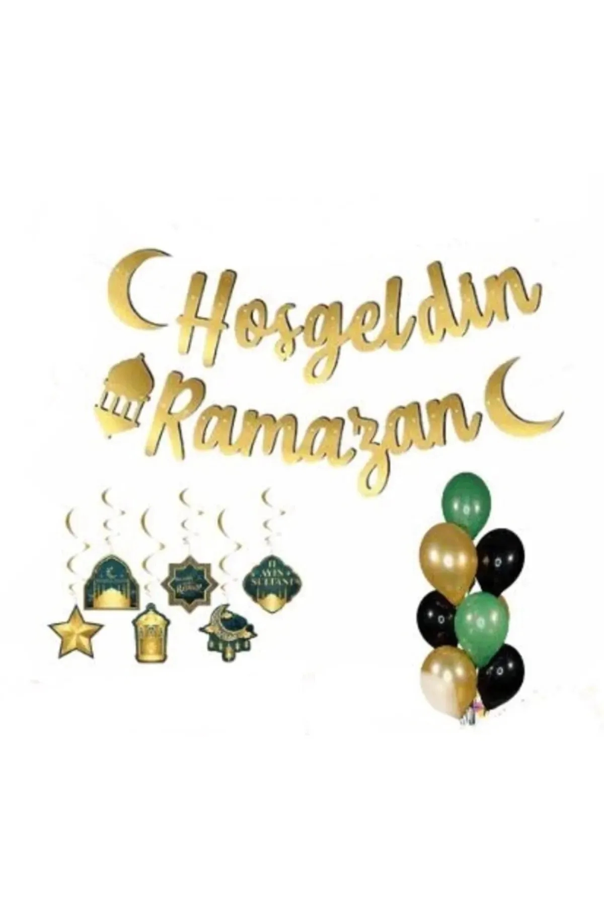 Happyland 1 Adet Gold Hoşgeldin Ramazan Kaligrafi Banner 1 Adet 6 Lı Tavan Sarkıt 6 Adet Balon Set