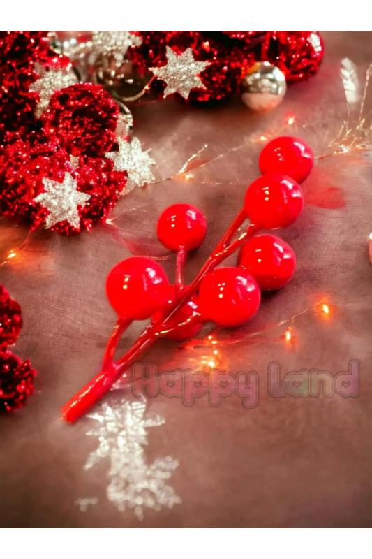Happyland Kokina Kırmızı Berry Yılbaşı Ağaç Süsü 6 adet 10 cm Yeni Yıl Kokina Süs Kiraz Dalı 