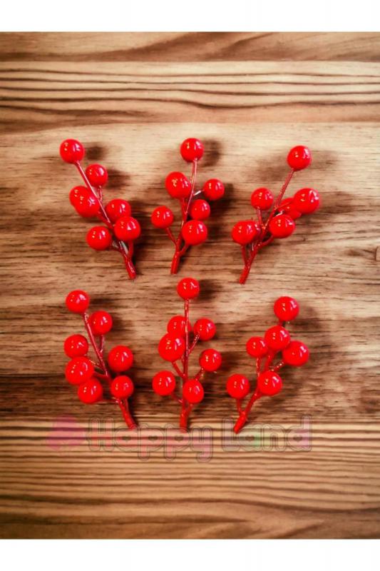 Happyland Kokina Kırmızı Berry Yılbaşı Ağaç Süsü 6 adet 10 cm Yeni Yıl Kokina Süs Kiraz Dalı 