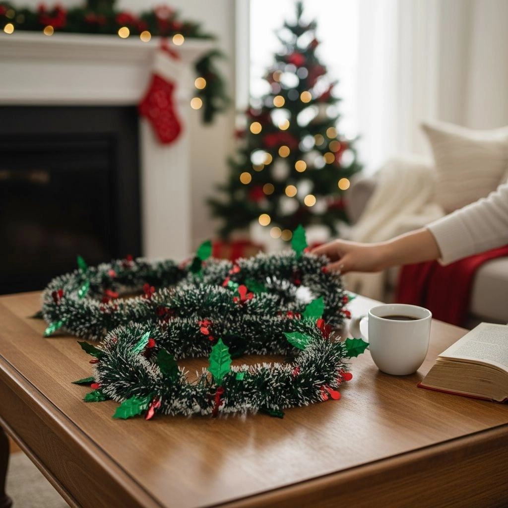 Happyland Yılbaşı Süsü Karlı Süslü Tinsel Garland Sim 2 m Yeşil Renk Kirazlı Model HPY4