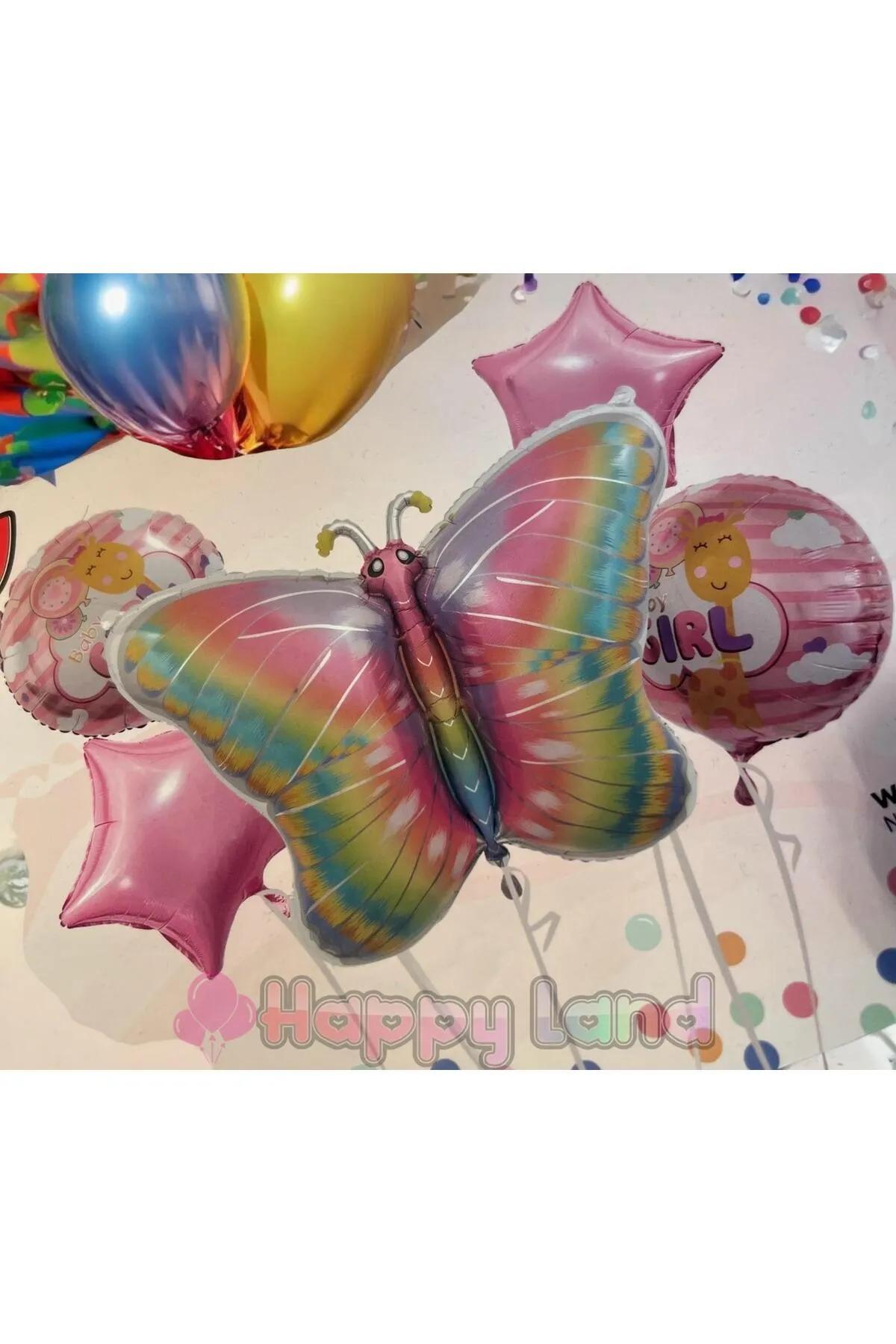 Happyland Kelebek Folyo Balon Seti 5’Lİ Pembe Kelebek Temali Doğum Günü Partisi Folyo Balonlar