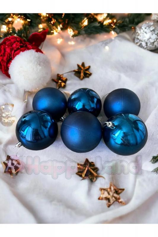 Happyland Yılbaşı Çam Ağacı Gece Mavisi Rengi Parlak Mat 6 Adet 8 cm Asetat KutuluModel Yılbaşı Top