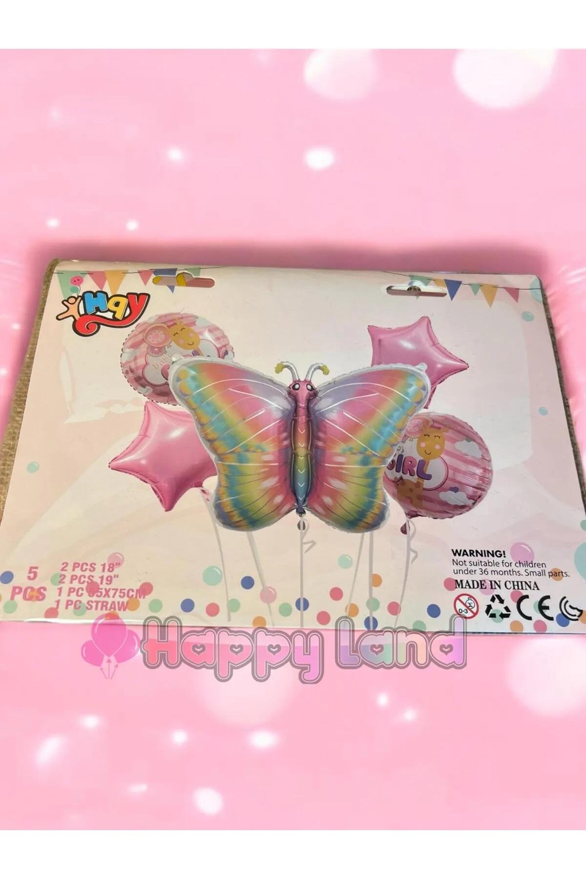 Happyland Kelebek Folyo Balon Seti 5’Lİ Pembe Kelebek Temali Doğum Günü Partisi Folyo Balonlar