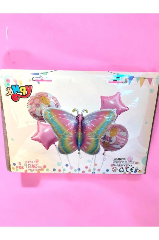 Happyland Kelebek Folyo Balon Seti 5’Lİ Pembe Kelebek Temali Doğum Günü Partisi Folyo Balonlar