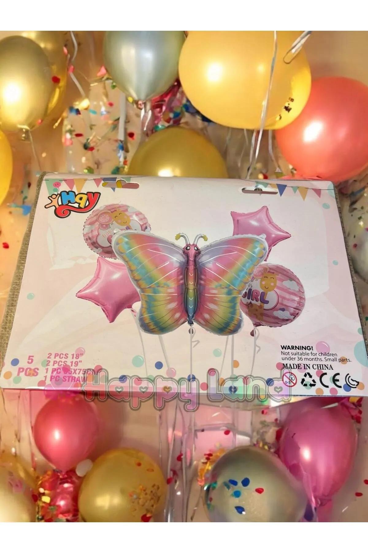 Happyland Kelebek Folyo Balon Seti 5’Lİ Pembe Kelebek Temali Doğum Günü Partisi Folyo Balonlar